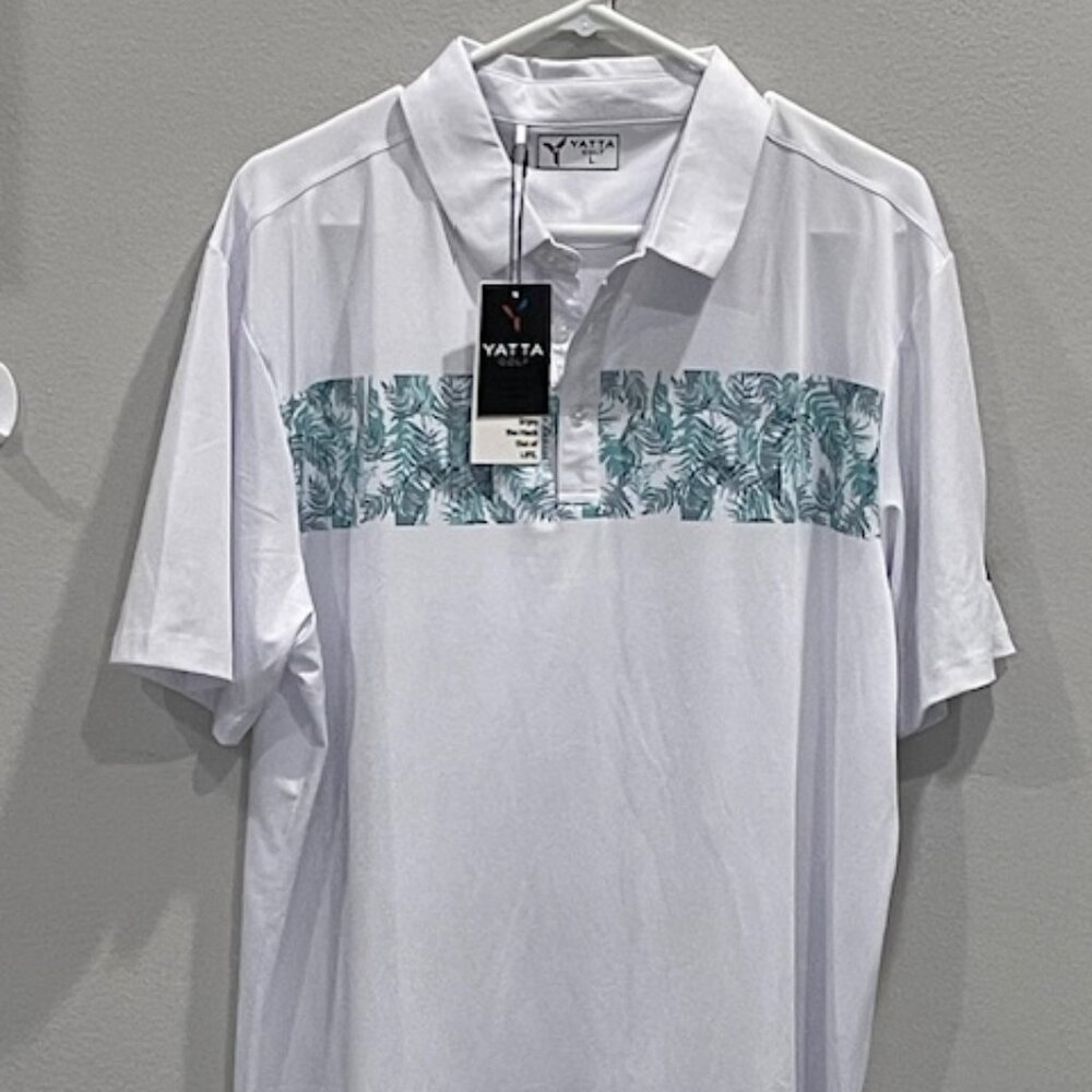 Yatta Golf Men's Large NWT Polo Golf Shirt White w/ Green Leaves